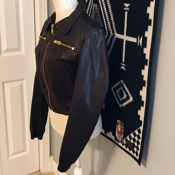 😍NWOT Goldsign Brand Ladie's Unlined Genuine Leather Cropped Bomber Jacket, LG - Picture 4 of 13